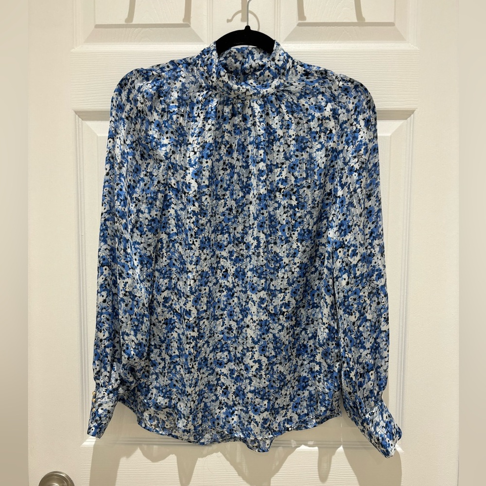 H&M Blue floral long sleeve mock neck sheer top XS